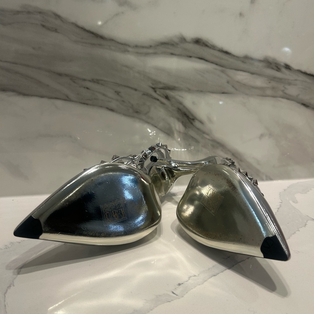 Valentino Silver Metallic Rockstud Pointed Slingback Heels - Picture 6 of 8